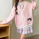 Pink Bow Knitted Cardigan for Women — Korean Style Winter Loose Fit