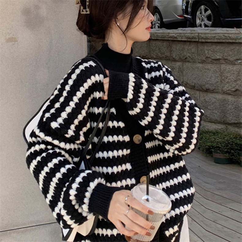 img (8) Classic Striped Knit Cardigan for Women — Autumn V-Neck - Image 1