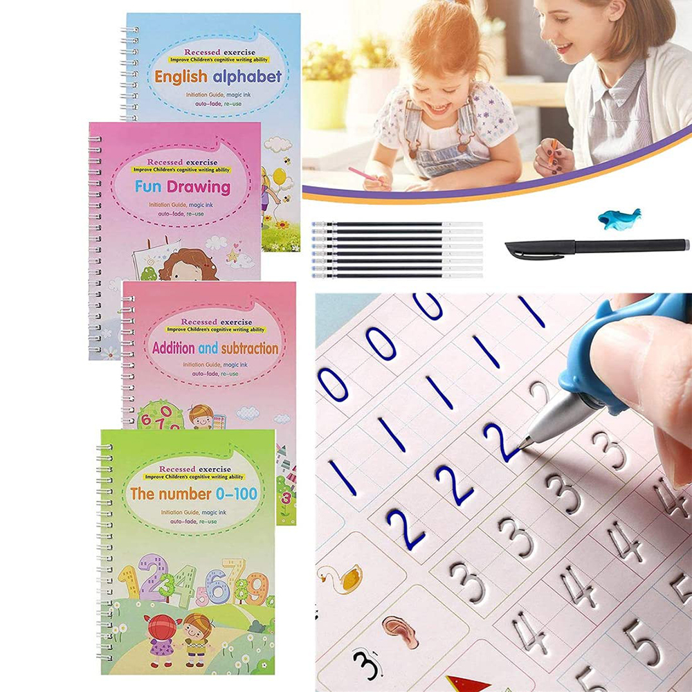 magic-book-1.jpg 4 Pcs Set Magic Practice Copybook Book For Kids Calligraphy English Letter Baby Drawing Magic Book Calligraphy Lettering With 10 refills - Image 1