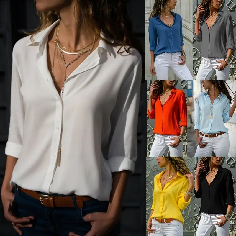 1257-9-638342-product-1 Women’s Deep V-Neck Chiffon Button-Up Shirt – Elegant White Casual Top - Image 1