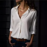 Women’s Deep V-Neck Chiffon Button-Up Shirt – Elegant White Casual Top - Image 2
