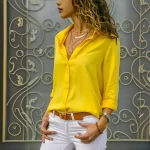 Women’s Deep V-Neck Chiffon Button-Up Shirt – Elegant White Casual Top - Image 3