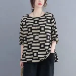 Plus Size Women’s Black Plaid T-Shirt – Summer Slim Fit Casual Short Sleeve Top - Image 3
