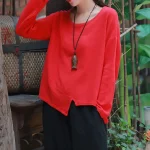 Women’s Loose Red Cotton Linen Long Sleeve Top – Casual Lightweight Shirt