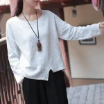 Women’s Loose Red Cotton Linen Long Sleeve Top – Casual Lightweight Shirt - Image 3