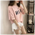 Women Pink Lace-Up Loose T-Shirt Summer Casual