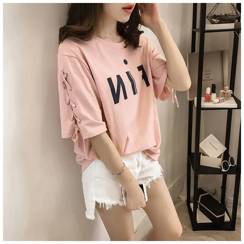 1257-9-660033-product-1 Women Pink Lace-Up Loose T-Shirt Summer Casual - Image 1