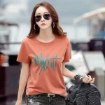 Women’s Plus Size Loose Korean Printed T-Shirt – Casual Orange Short Sleeve Top