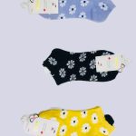 Women’s Cotton Ankle Socks – Floral Design, Blue Black & Yellow 3-Pair Pack