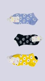 Women’s Cotton Ankle Socks – Floral Design, Blue Black & Yellow 3-Pair Pack