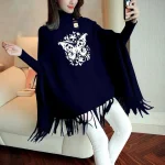 Women’s Blue Printed High Neck Fringe Poncho | Stylish Winter Wear