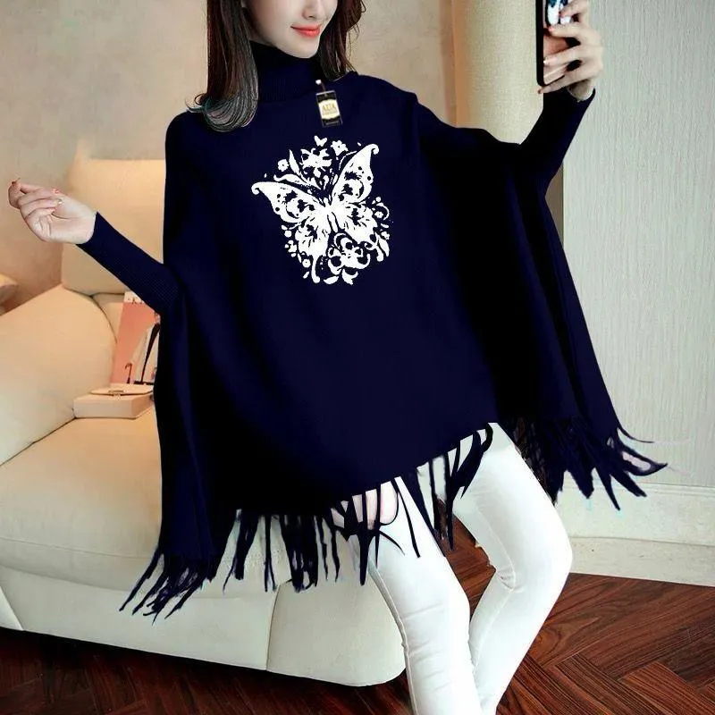 1425-9-666717-product-1 Women’s Blue Printed High Neck Fringe Poncho | Stylish Winter Wear - Image 1