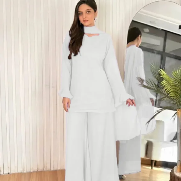 3 Piece Women’s Stitched Chiffon Plain Suit | Elegant Pakistani Dress ::