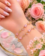 Golden Base Pink Tulip Bracelet for Women – Trending Floral Charm Fashion Jewelry | QWJ-187