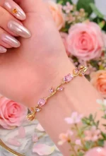 Golden Base Pink Tulip Bracelet for Women – Trending Floral Charm Fashion Jewelry | QWJ-187 - Image 2