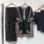 Black Embroidered 3-Piece Kurta Set with Dupatta – Elegant Pakistani Women’s Traditional Outfit