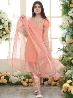 Peach Organza 3-Piece Embroidered Suit for Women | Eid & Wedding Dress - Image 2