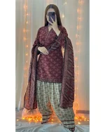 Women’s Maroon 3-Piece Stitched Digital Print Suit | Stylish Printed Dress