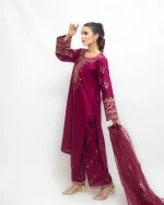 Pink Embroidered Arabic Lawn Suit for Women – 3-Piece Stitched Set - Image 3