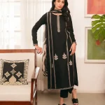 Women’s Black Linen 3-Piece Suit – Stitched Embroidered Pakistani Dress with Trouser & Dupatta