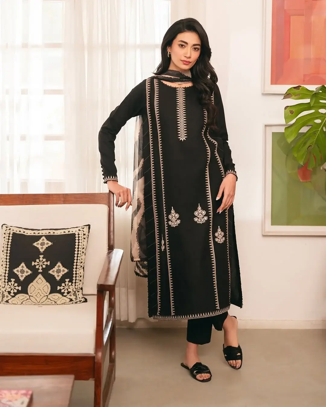 230-10-759667-product-1 Women’s Black Linen 3-Piece Suit – Stitched Embroidered Pakistani Dress with Trouser & Dupatta - Image 1