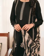 Women’s Black Linen 3-Piece Suit – Stitched Embroidered Pakistani Dress with Trouser & Dupatta - Image 3