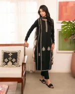 Women’s Black Linen 3-Piece Suit – Stitched Embroidered Pakistani Dress with Trouser & Dupatta - Image 5