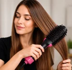 2-in-1 Hot Air Brush Hair Dryer & Straightening Brush | Electric Hair Styler for Smooth, Voluminous & Frizz-Free Hair | Pink & Black - Image 4
