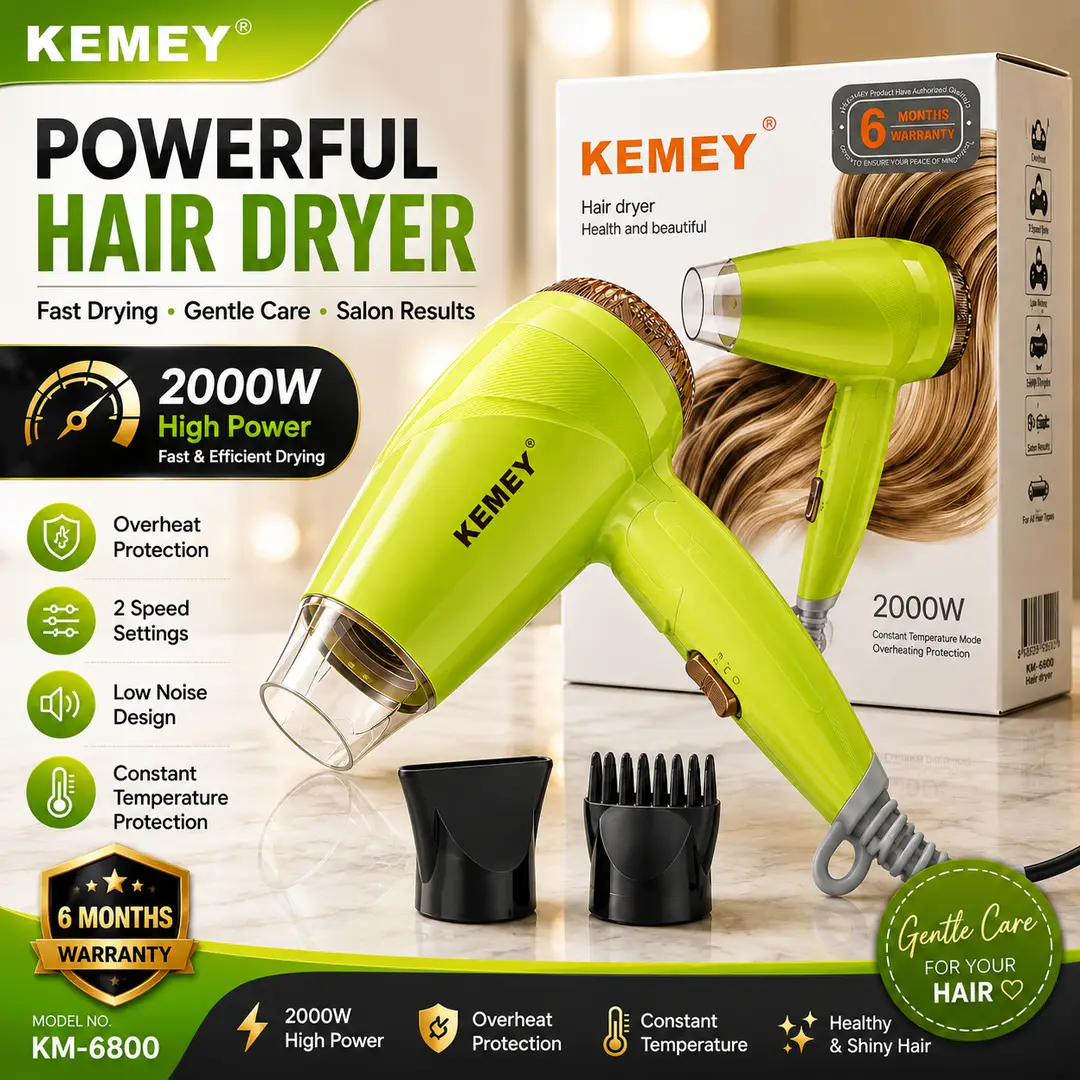 2361-48-752757-product-1 KEMEY KM-6821 Professional Hair Dryer 2000W | Hot & Cool Air | Foldable Handle | Overheat Protection - Image 1
