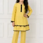 2 Pcs Girls Lawn Plain Kurta and Trouser Suit with Lace – Beige Kids Outfit