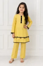 2 Pcs Girls Lawn Plain Kurta and Trouser Suit with Lace – Beige Kids Outfit - Image 2