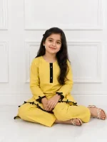 2 Pcs Girls Lawn Plain Kurta and Trouser Suit with Lace – Beige Kids Outfit - Image 3