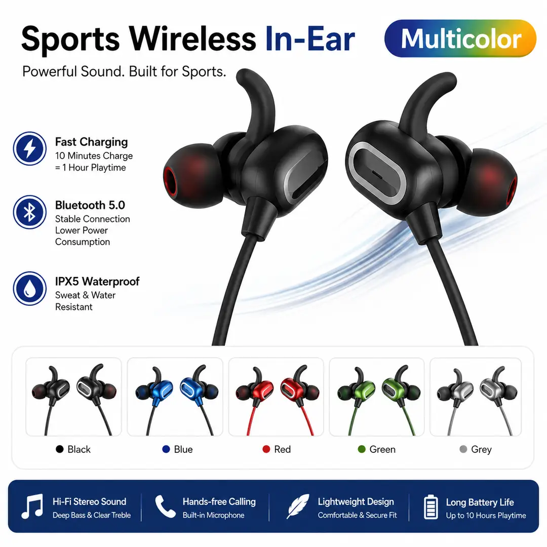2674-419-757508-product-1 Wireless Bluetooth 5.0 Neckband Headphones with Heavy Bass, Stereo Sound, Magnetic Earbuds & Noise Reduction - Image 1