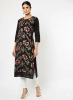 Black Lawn Floral Embroidered Kurta for Eid & Muharram | Elegant Ethnic Wear