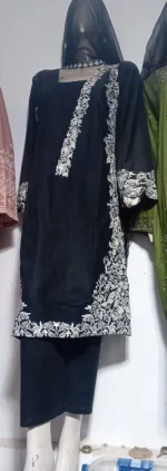 Black Embroidered Pakistani Suit | Linen Trouser & Chiffon Dupatta - Image 3