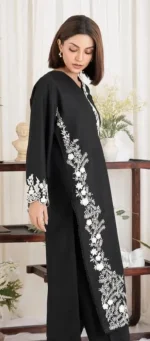 Black Embroidered Pakistani Suit | Linen Trouser & Chiffon Dupatta - Image 2