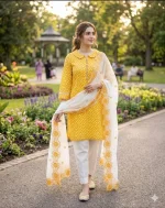Pakistani Women’s Yellow Printed Kurta Set with White Dupatta | Ethnic Wear