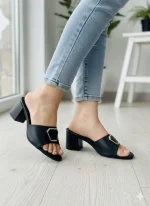 Women's Black Block Heel Shoes with Hexagonal Buckle