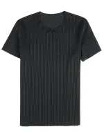 Men's Dark Stripe Slim Fit Silk T-Shirt – Premium Short Sleeve Casual PakistanElevate your everyday look with the Men's Dark Stripe Slim Fit Silk T-Shirt, a premium short sleeve piece built for the modern Pakistani man who wants comfort and sophistication in one shirt. Whether you're heading into an important meeting, meeting friends for dinner, or relaxing at home, this t-shirt delivers a level of polish that basic cotton tees simply can't match.  Crafted from premium quality silk, this t-shirt offers a genuinely luxurious feel against the skin along with impressive durability, holding up far better over time than the low-cost synthetic blends often sold on Daraz or Telemart under the same silk label. The seamless construction and slightly stretchy fabric give you a smooth, flattering fit that moves naturally with your body rather than feeling stiff or restrictive.  The dark vertical stripe pattern adds a subtle touch of sophistication, elevating this piece above plain t-shirts without tipping into loud or flashy territory. Combined with the slim fit cut, it accentuates your physique and gives you a sharper silhouette, making it just as suitable for the office as it is for a casual outing or a special occasion.  This t-shirt's breathable construction is specifically suited to Pakistan's warm climate, keeping you cool through the day while still looking put-together, a combination that's hard to find in typical silk-labeled shirts on general marketplaces, which often trade breathability for shine. Reinforced seams and quality stitching mean this shirt holds its shape and finish through regular wear and washing.  Available in black and white, in both vertical and horizontal stripe patterns, across sizes Medium to 4XL, this shirt offers enough variety to fit different personal styles while maintaining the same premium silk quality throughout the range. It pairs effortlessly with tailored trousers for a smart evening look or with jeans for an elevated casual outfit.  At Reex.pk, we believe premium fabrics shouldn't come with an inflated price tag. This silk t-shirt gives you a luxurious feel and a flattering slim fit at a price that makes upgrading your wardrobe an easy decision rather than a splurge.  Don't settle for basic cotton when you can have premium silk comfort. Order the Men's Dark Stripe Slim Fit Silk T-Shirt today from Reex.pk with fast nationwide delivery, cash on delivery, and hassle-free 7-day returns — add it to your cart now and elevate your everyday style. - Image 2