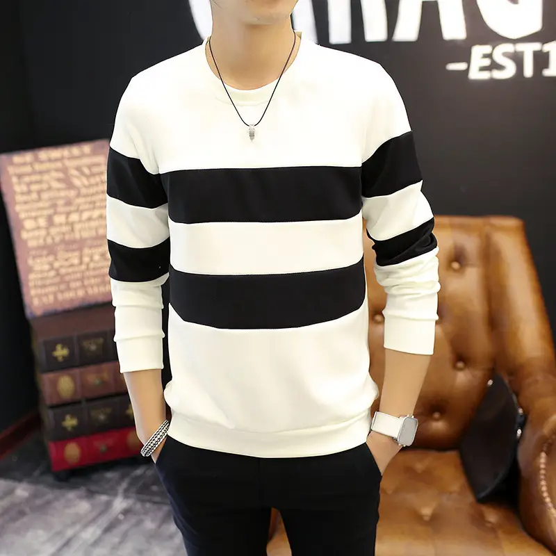 MZCHYHAM8124-media-1 Men Striped Long Sleeve T-Shirt – Black White Round Neck Casual Wear Pakistan - Image 1