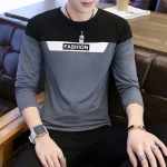 Men's Long Sleeve Fashion T-Shirt – Autumn Casual Color Block Tee in Grey & Black (Pakistan)