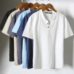 Men Linen Henley Shirt – White Summer Retro Casual Wear Pakistan