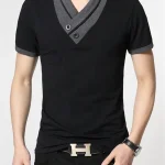 Men's Slim Fit V-Neck T-Shirt – Black Gray Buttoned Korean Style Summer Pakistan