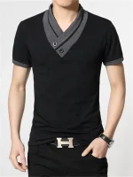 Men's Slim Fit V-Neck T-Shirt – Black Gray Buttoned Korean Style Summer Pakistan