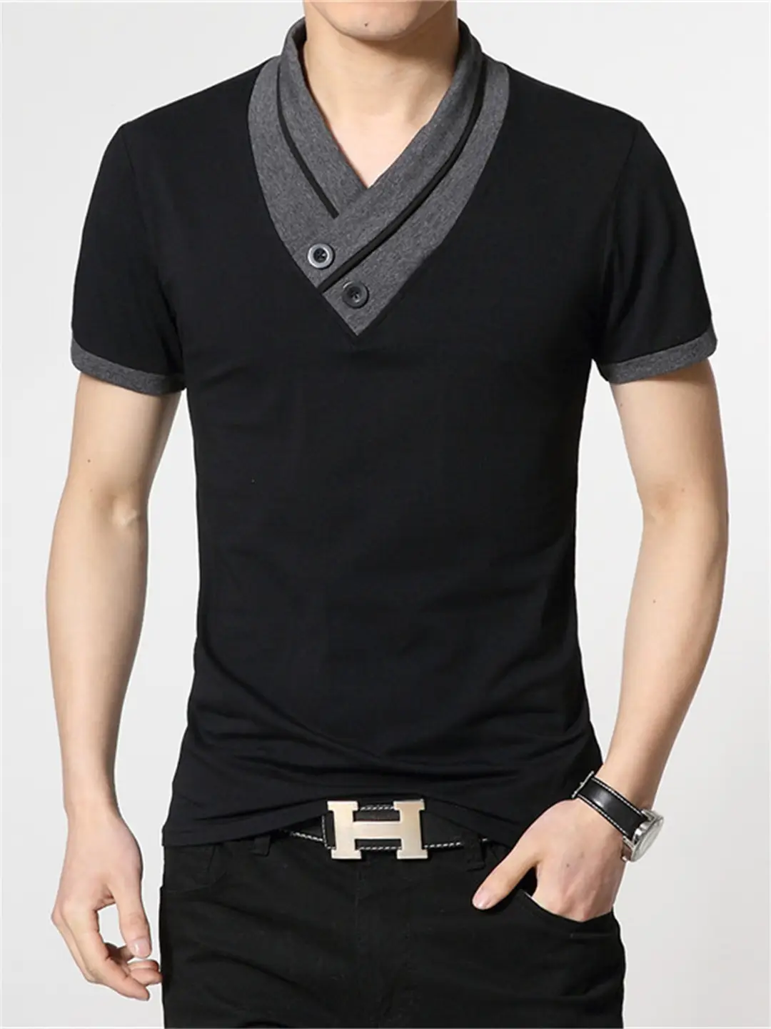 MZCHYHAM8209-media-1 Men's Slim Fit V-Neck T-Shirt – Black Gray Buttoned Korean Style Summer Pakistan - Image 1