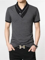 Men's Slim Fit V-Neck T-Shirt – Black Gray Buttoned Korean Style Summer Pakistan - Image 4