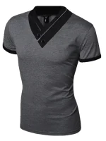 Men's Slim Fit V-Neck T-Shirt – Black Gray Buttoned Korean Style Summer Pakistan - Image 2